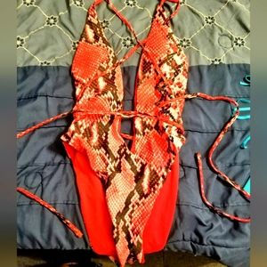 Shein red snake plunge swimsuit